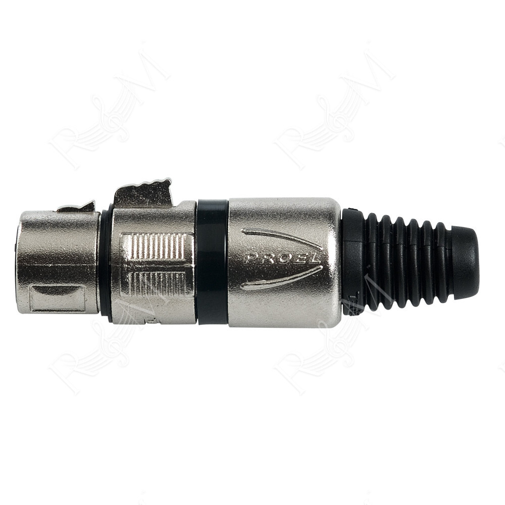 Presa volante XLR professionale 3 poli, pinza interna in nylon con molla terminale in PVC. Colore: Argento con anello nero.
