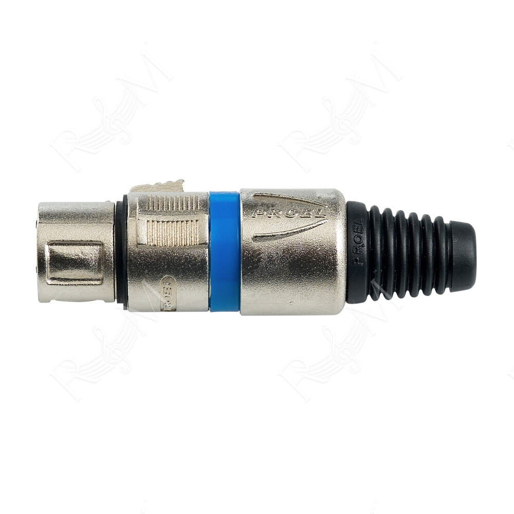 Presa volante XLR professionale 3 poli, pinza interna in nylon con molla terminale in PVC. Colore: Argento con anello blu.