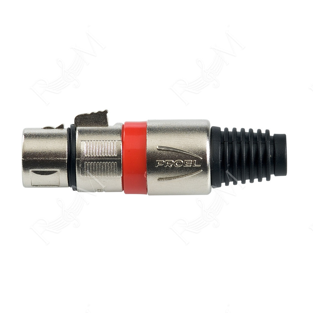 Presa volante XLR professionale 3 poli, pinza interna in nylon con molla terminale in PVC. Colore: Argento con anello rosso.