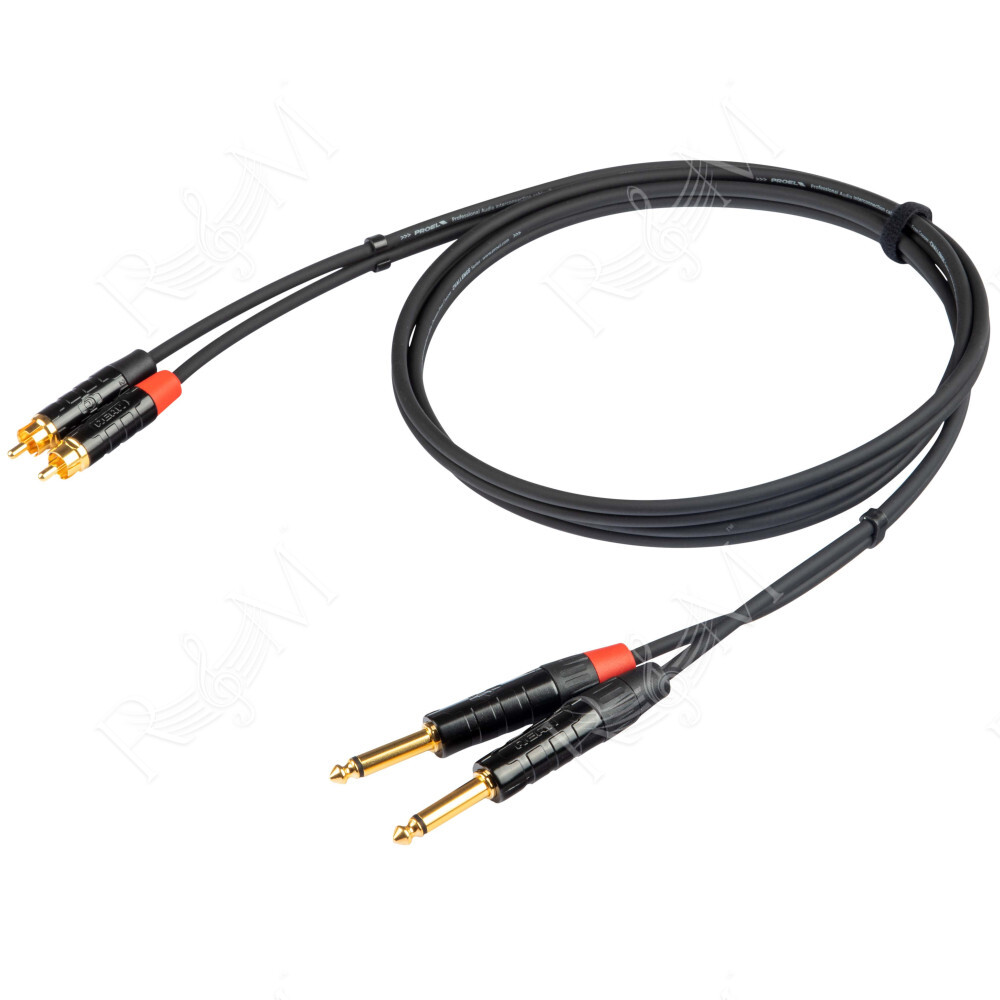 Cavo audio professionale "STEREO" con connessioni 2 x jack spina Mono Ø 6.3 mm REAN - 2 x spina RCA REAN. Lunghezza: 3 metri. Co