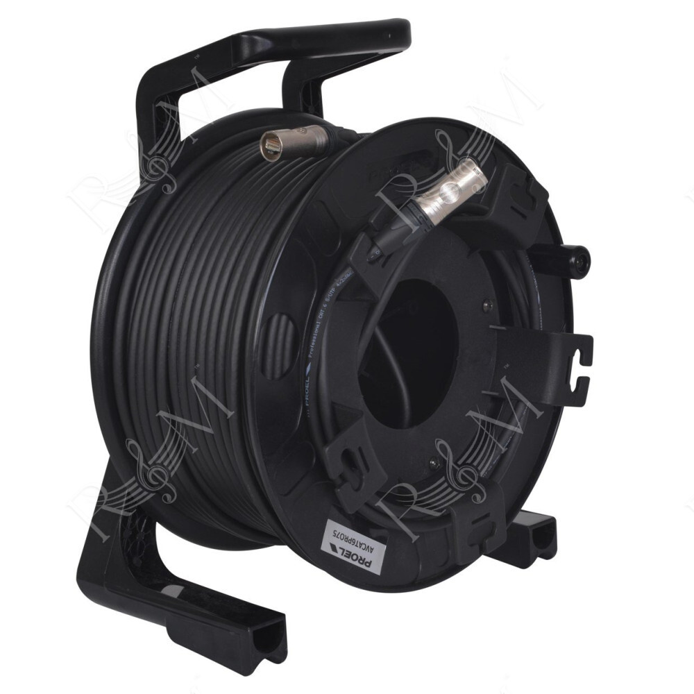 Cavo professionale PROEL LAN6S – Cat6 S-UTP - PUR, assemblato su avvolgitore professionale PROEL AV190, con connettori RJ45 Cat6
