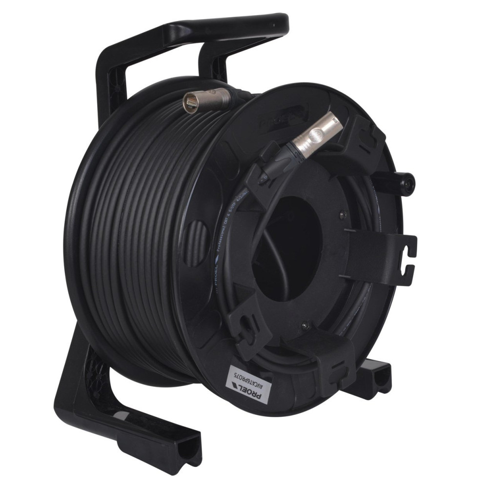 Cavo professionale PROEL LAN6S – Cat6 S-UTP - PUR, assemblato su avvolgitore professionale PROEL AV185, con connettori RJ45 Cat6