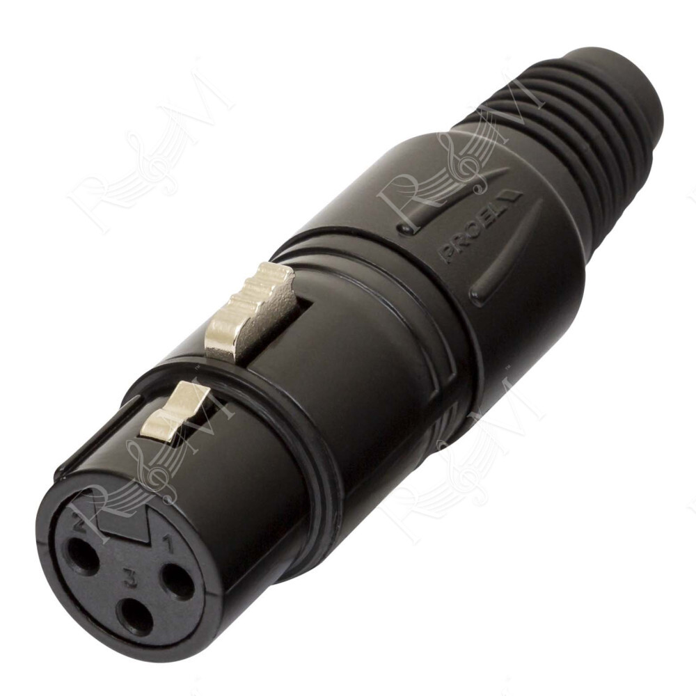 Presa volante XLR professionale 3 poli, pinza interna in nylon con molla terminale in PVC. Colore: Nero.