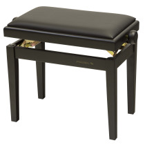 Panca professionale regolabile in legno per piano ed organo. Telaio Nero opaco. Cuscino imbottito con rivestimento in similpelle