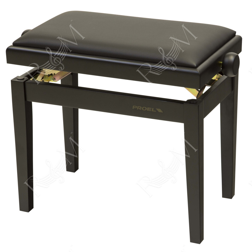 Panca professionale regolabile in legno per piano ed organo. Telaio Nero opaco. Cuscino imbottito con rivestimento in similpelle