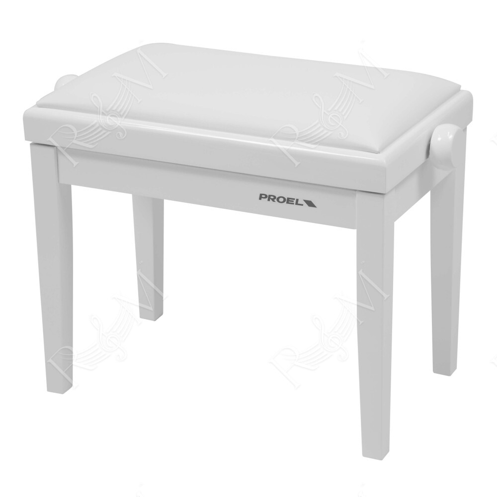 Panca professionale regolabile in legno per piano ed organo. Telaio Bianco lucido. Cuscino imbottito con rivestimento in similpe