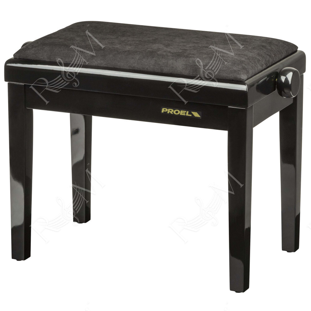 Panca professionale regolabile in legno per piano ed organo. Telaio Nero lucido. Cuscino imbottito con rivestimento in velluto n