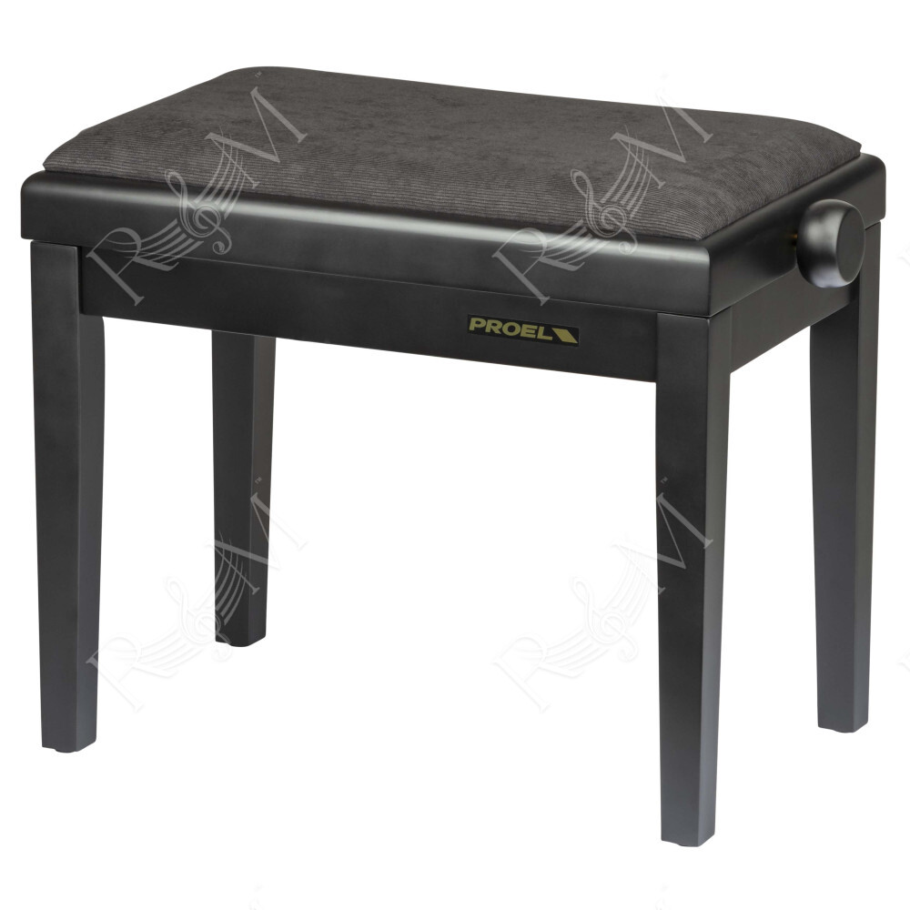 Panca professionale regolabile in legno per piano ed organo. Telaio Nero opaco. Cuscino imbottito con rivestimento in velluto ne