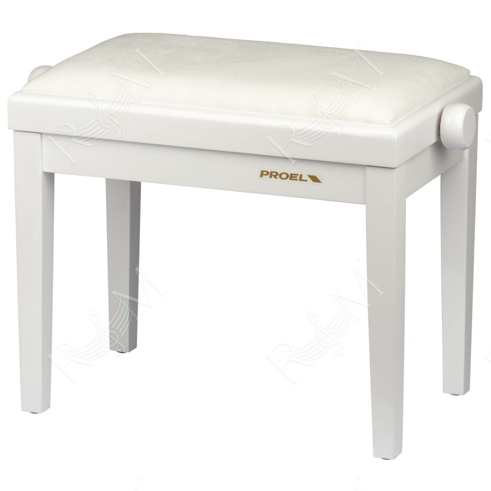 Panca professionale regolabile in legno per piano ed organo. Telaio Bianco lucido. Cuscino imbottito con rivestimento in velluto