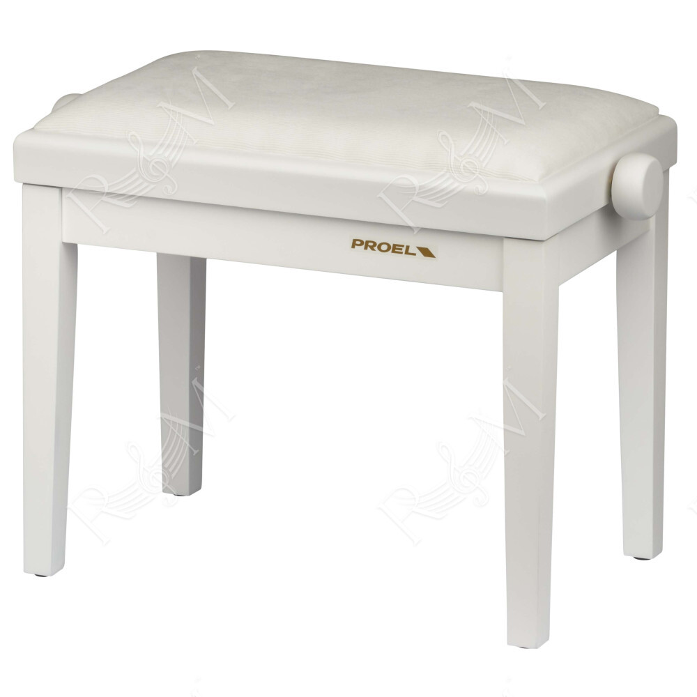 Panca professionale regolabile in legno per piano ed organo. Telaio Bianco opaco. Cuscino imbottito con rivestimento in velluto 