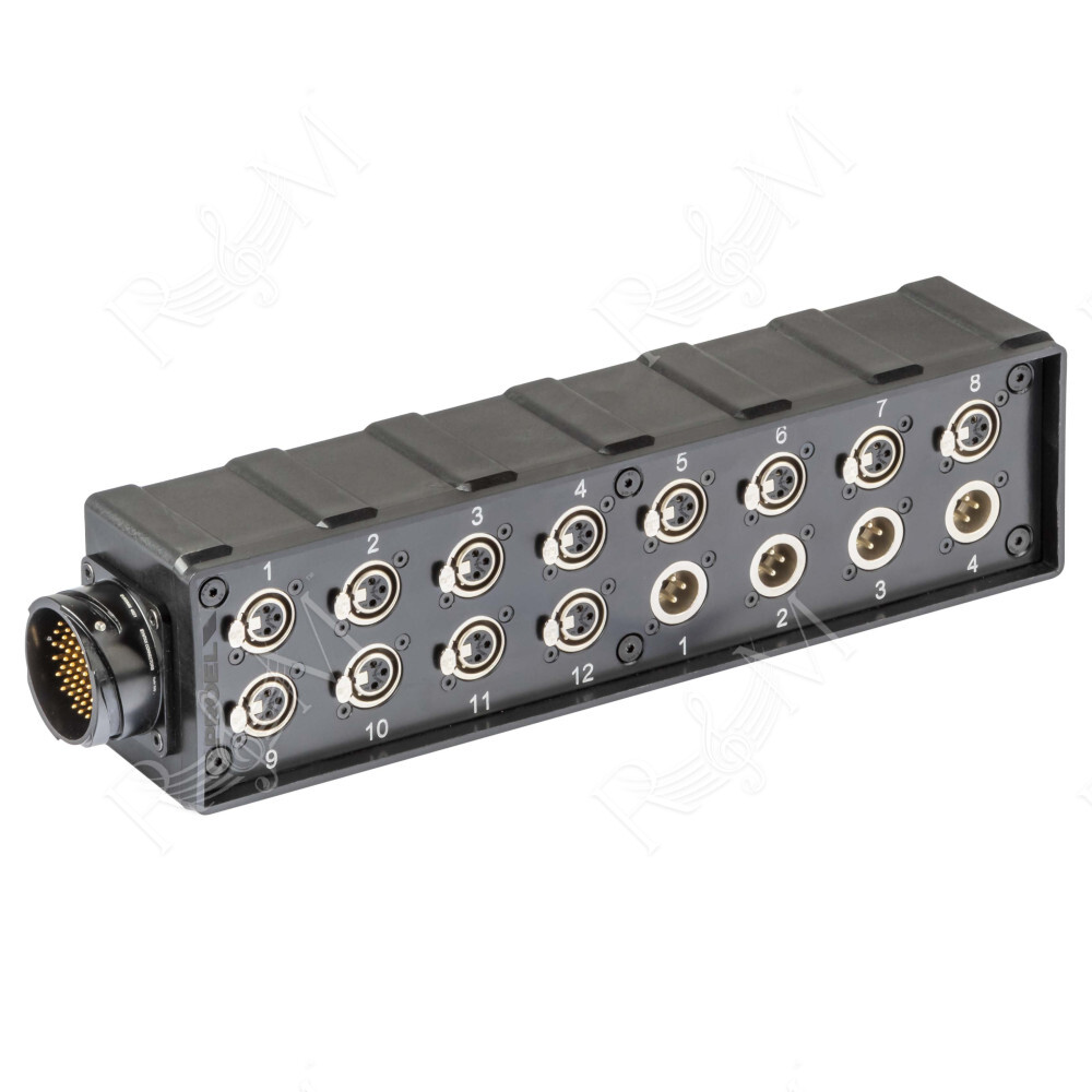 Stage box audio in materiale plastico antiurto con 12 prese pannello XLR 3P NEUTRIK + 4 spine pannello XLR 3P NEUTRIK e connetto