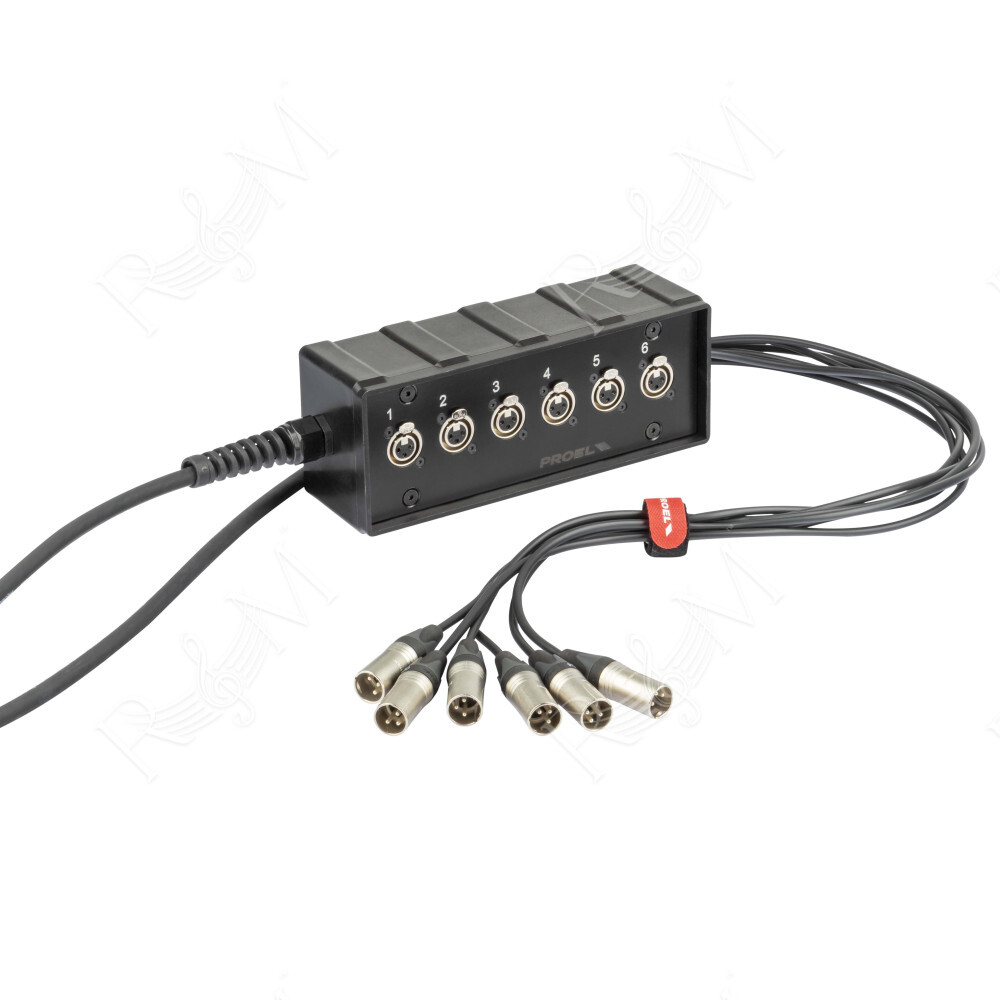 Audio box in materiale plastico antiurto cablato con 6 prese pannello XLR 3P NEUTRIK e cavo audio multipolare 10 m con guainain 