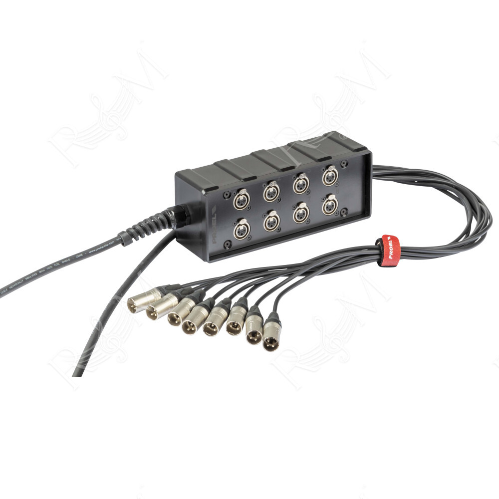 Audio box in materiale plastico antiurto cablato con 8 prese pannello XLR 3P NEUTRIK e cavo audio multipolare 10 m con guainain 