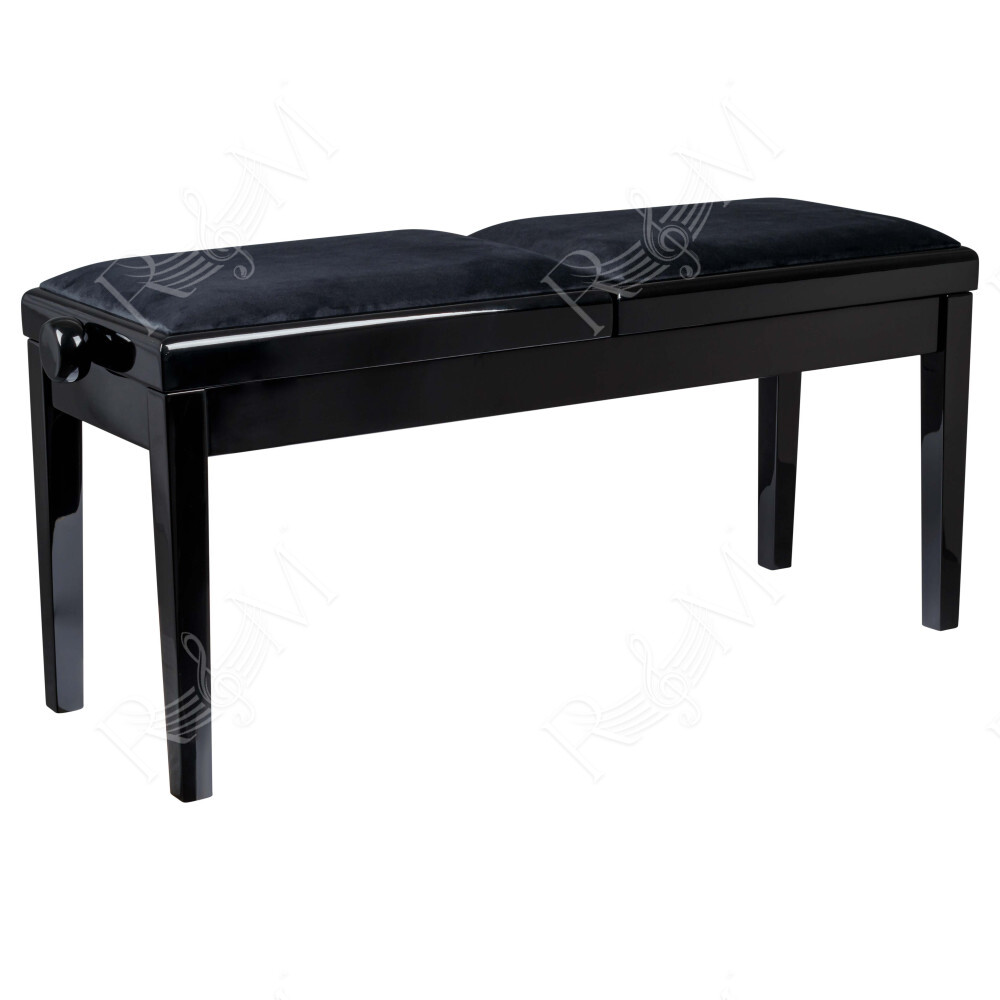 Panca doppia professionale in legno per piano ed organo con sedute imbottite con rivestimento in similpelle.