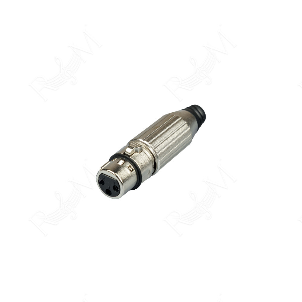 Connettore XLR (cannon) femmina volante a 3 poli, progettato per la terminazione di cavi a singola coppia destinati a sistemi mo
