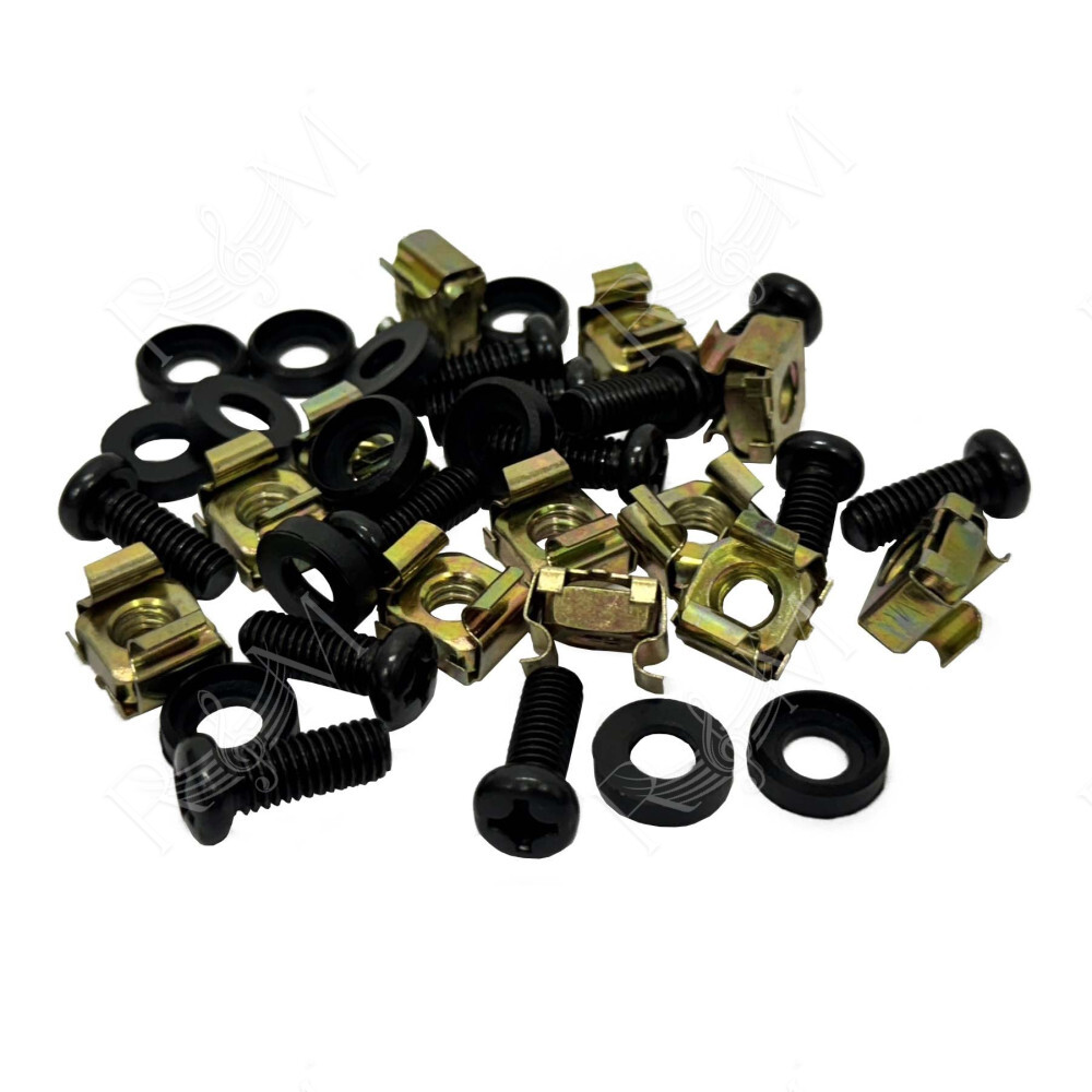 Set di accessori per montaggio a rack, composto da n. 12 dadi ingabbiati, n. 12 viti M6*16 mm e n. 12 rondelle in nylon.