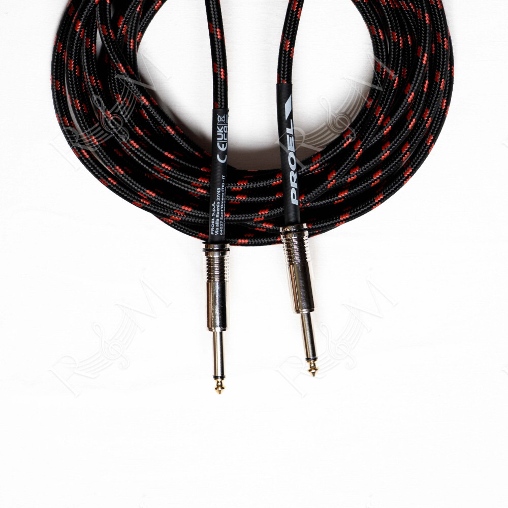 Cavo per strumenti – Jack Mono 6.3 mm / Jack mono 6.3mm. Guaina in PVC e rivestimento esterno a treccia. Diametro esterno 7 mm. 