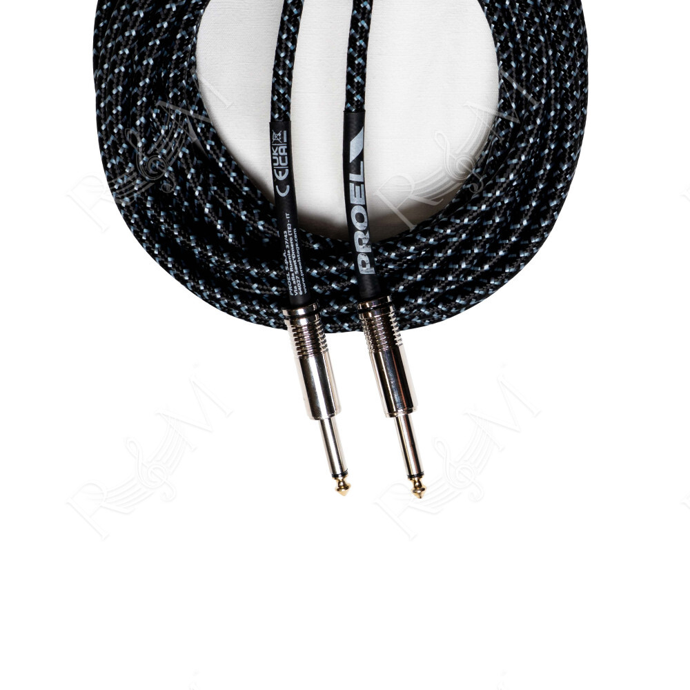 Cavo per strumenti – Jack Mono 6.3 mm / Jack mono 6.3mm. Guaina in PVC e rivestimento esterno a treccia. Diametro esterno 7 mm. 