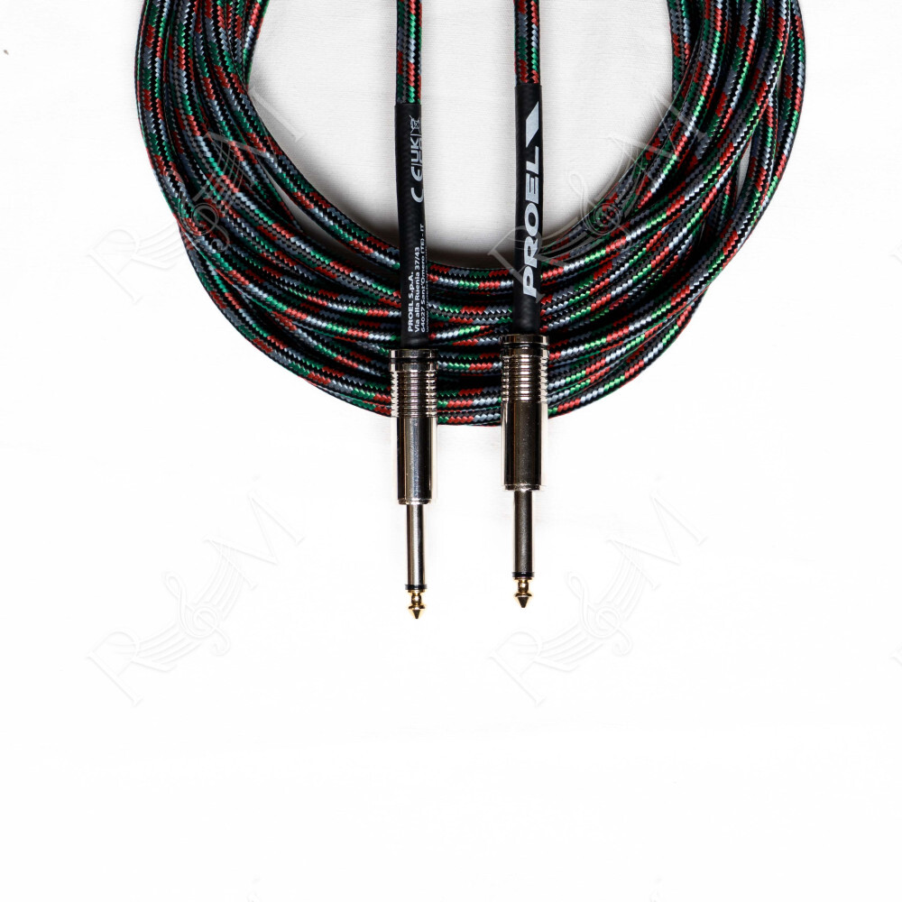 Cavo per strumenti – Jack Mono 6.3 mm / Jack mono 6.3mm. Guaina in PVC e rivestimento esterno a treccia. Diametro esterno 7 mm. 