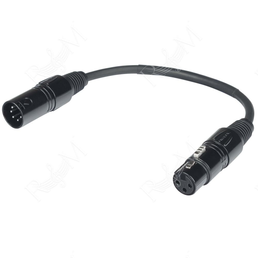 Cavo adattatore DMX per segnale DMX512 con connessioni – XLR 3 poli presa volante > XLR 5 poli spina volante. Lunghezza: 20 cm. 