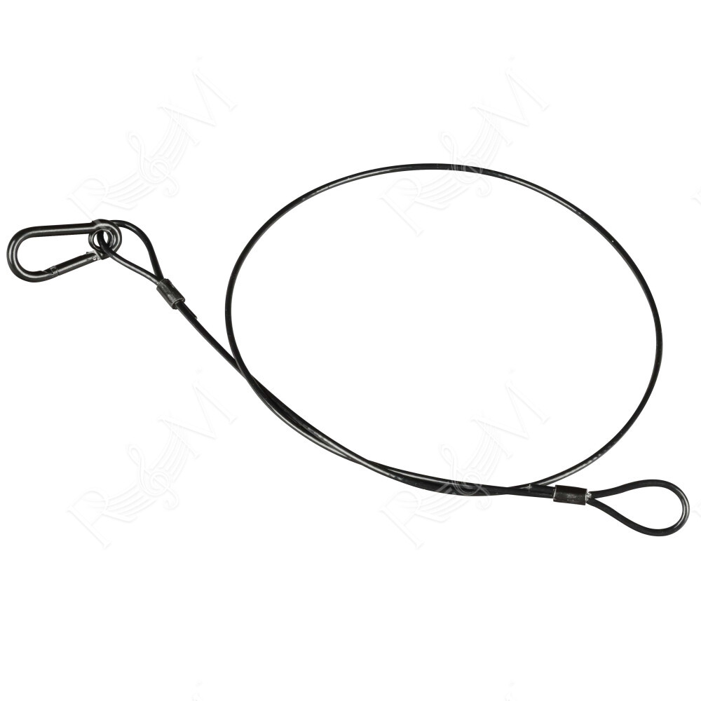 Cavo di sicurezza nero, realizzato in acciaio inossidabile ricoperto in PVC, diametro totale 3 mm, con moschettone di protezione