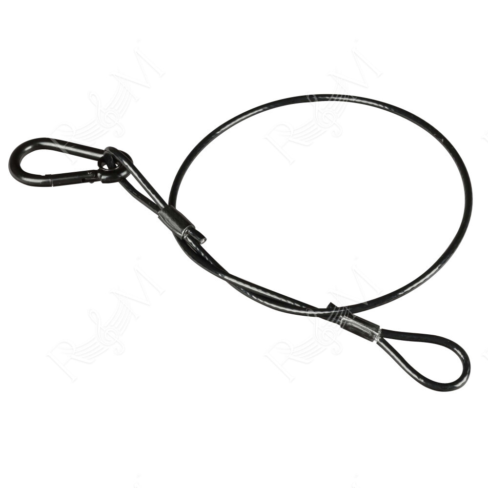 Cavo di sicurezza nero, realizzato in acciaio inossidabile ricoperto in PVC, diametro totale 5 mm, con moschettone di protezione