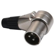 Spina volante XLR 3 poli angolare a 90° con manicotto nichelato e passacavo flessibile in PVC.
