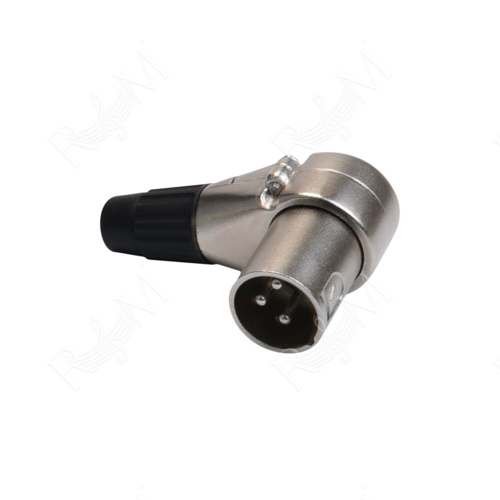 Spina volante XLR 3 poli angolare a 90° con manicotto nichelato e passacavo flessibile in PVC.