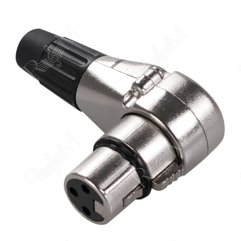 Presa volante XLR 3 poli angolare a 90° con manicotto nichelato e passacavo flessibile in PVC.