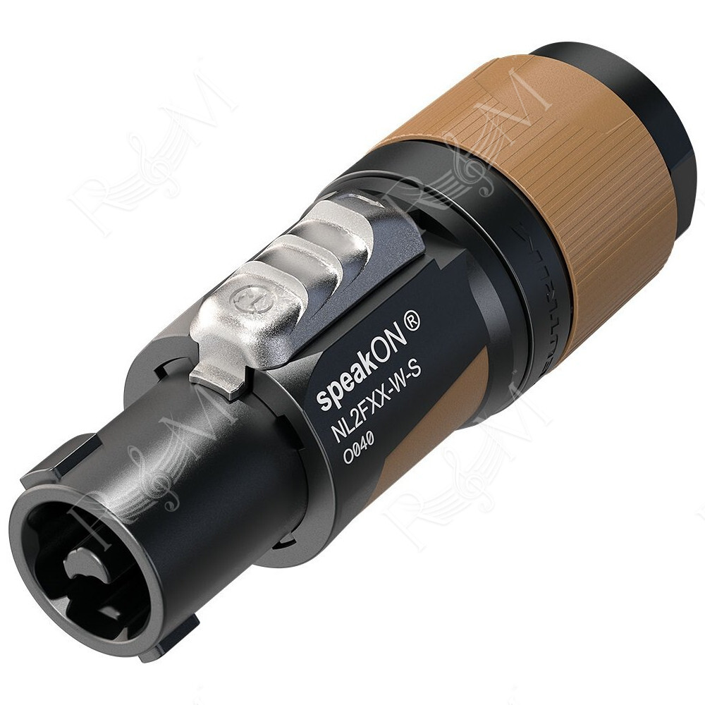 Presa volante NEUTRIK speakON 2 poli +1/-1. Manicotto con ingresso per cavi Ø 6 - 12 mm. Corrente di esercizio: 37A continui per