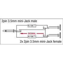 XGA40 - mini-jack/M to 2 x mini-jack/F - incl. 2 x 10 kilo-Ohm resistors Inclusi 2 resistori da 10 kilo-Ohm