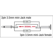 XGA43 - mini-jack/M mono to mini-jack/F - incl. 2 x 10 kOhm resistors Inclusi 2 resistori da 10 kilo-Ohm