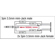 XGA44 - mini-jack/M stereo to 2 x mini-jack/F - incl. 4 x 10 kOhm resistors Inclusi 4 resistori da 10 kOhm