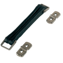 Maniglia in similcuoio con cuciture in nylon ed agganci nichelati.