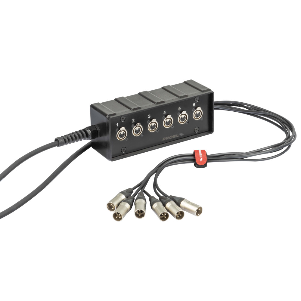 pAudio box in materiale plastico antiurto cablato con 6 prese pannello XLR 3P NEUTRIK e cavo audio multipolare 10 m con guainain