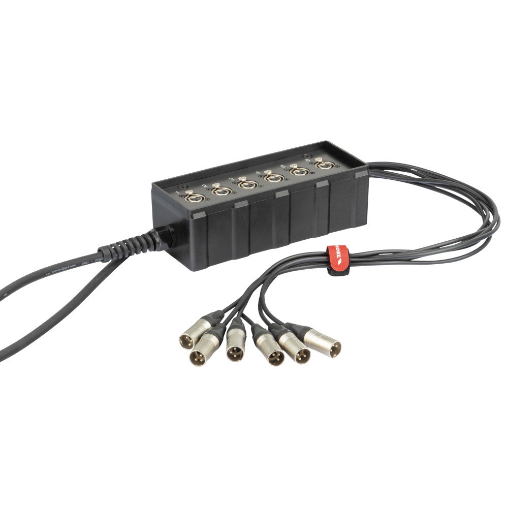 pAudio box in materiale plastico antiurto cablato con 6 prese pannello XLR 3P e cavo audio multipolare 10 m con guainain PVC cop