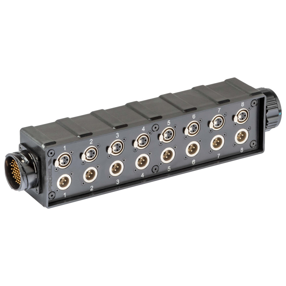 pStage box audio in materiale plastico antiurto con 8 prese pannello XLR 3P NEUTRIK - 8 spine pannello XLR3P NEUTRIK e connettor