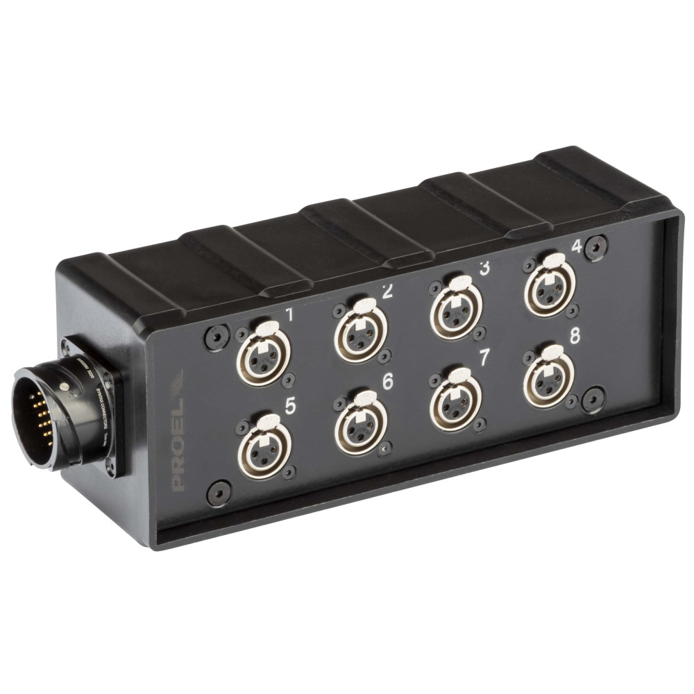 pAudio box in materiale plastico antiurto cablato con 8 prese pannello XLR 3P NEUTRIK e connettore multipolare di collegamento 2