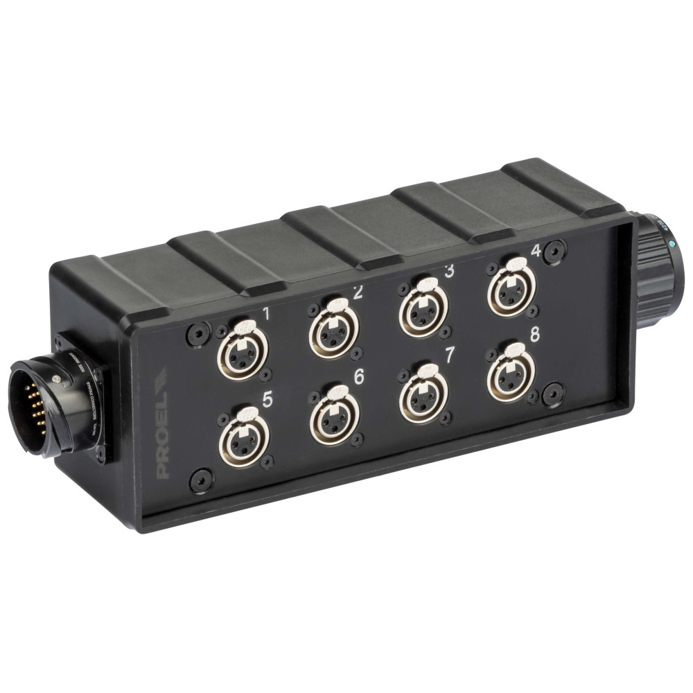 pAudio box in materiale plastico antiurto cablato con 8 prese pannello XLR 3P NEUTRIK e connettore multipolare di collegamento 2