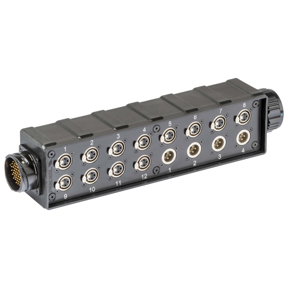 pStage box audio in materiale plastico antiurto con 12 prese pannello XLR 3P - 4 spine pannello XLR3P e connettore multipolare m